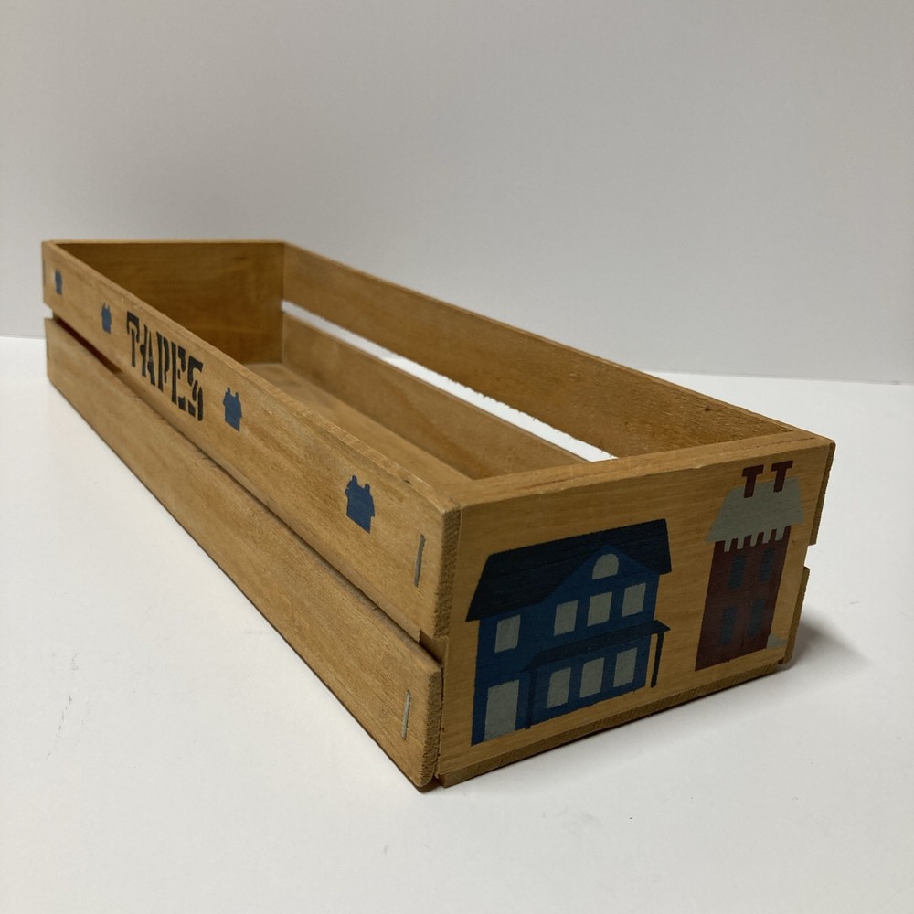 Vtg Cassette Tape Wood Crate Storage Holder Hand Painted Tole Houses Holds 16
