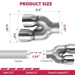 Dual Exhaust Tip 2.25 Inch Inlet 3″ Dual Outlet 8.5″ 2.25″ x 3″ x 8.5″ (Left)