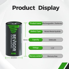Rechargeable C Batteries 5000mAh 1.2V NiMH Precharged C Cell Battery Pack 4 Pack
