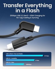 USB-C Cable for AR Smart Glasses, 20Gbps Data & 60W Fast Charging, 6.6FT L-Shape