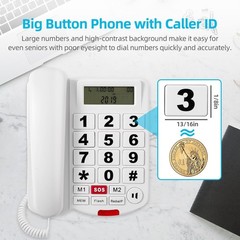 Corded Phone With Caller ID, Big Button Phone For Visually Impaired Seniors,