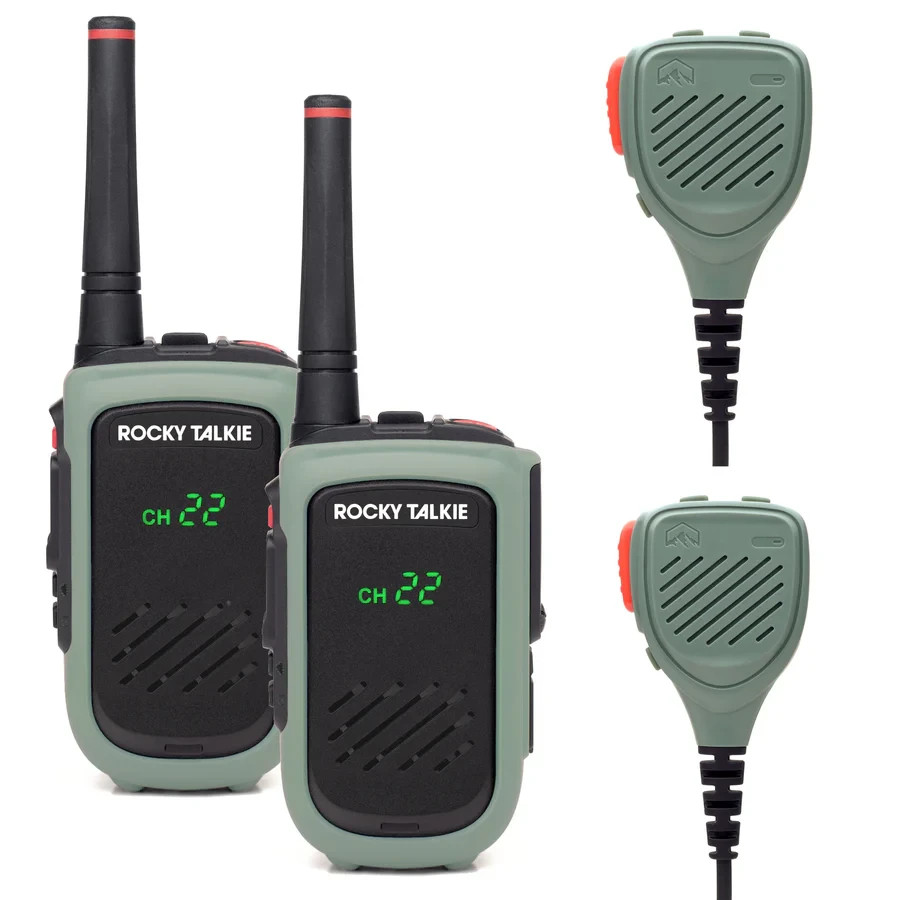 Rocky Talkie Expedition Radio Kit – 2 GMRS 5W Radios + 2 Hand Mics – NEW