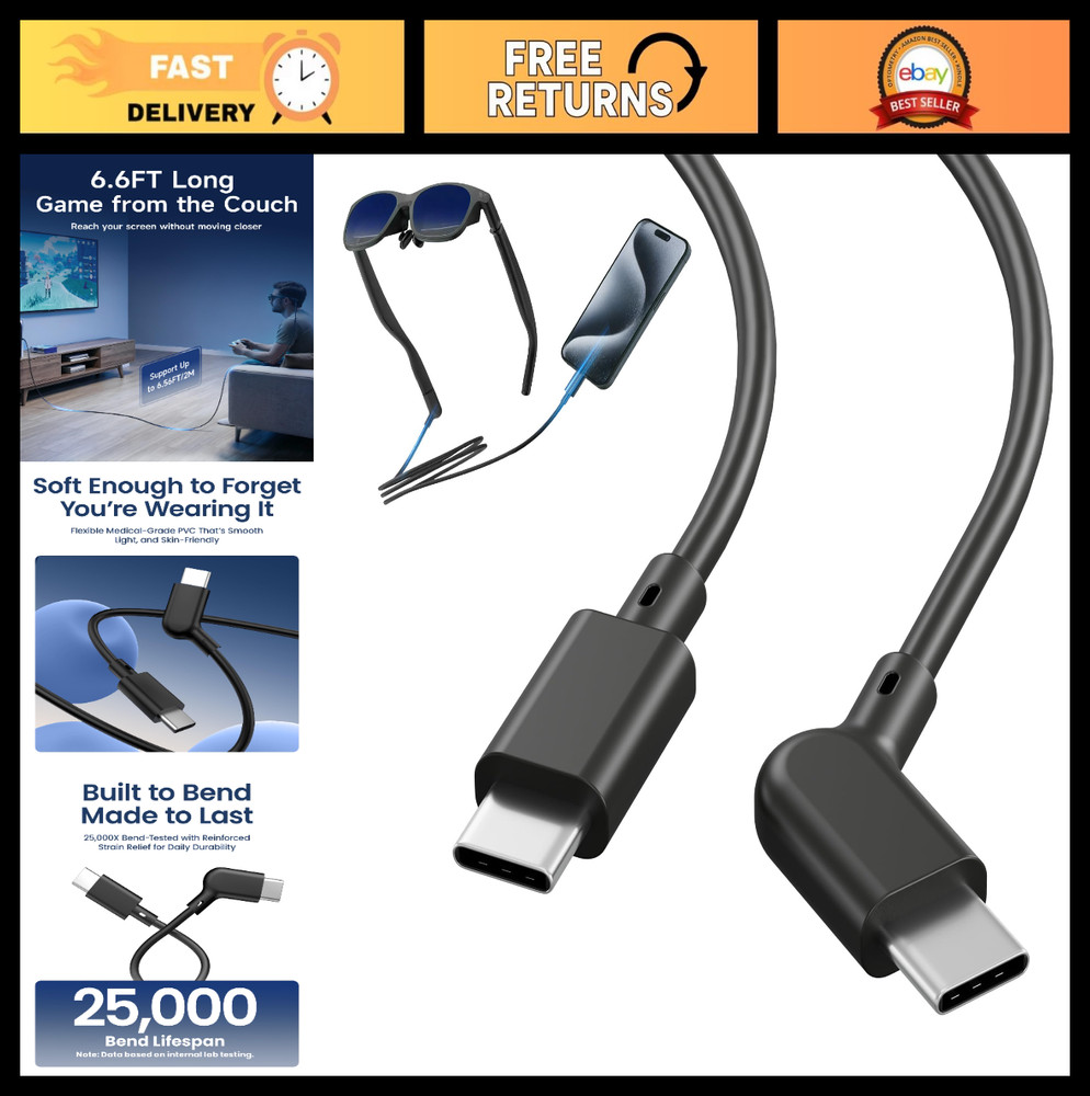 USB-C Cable for AR Smart Glasses, 20Gbps Data & 60W Fast Charging, 6.6FT L-Shape