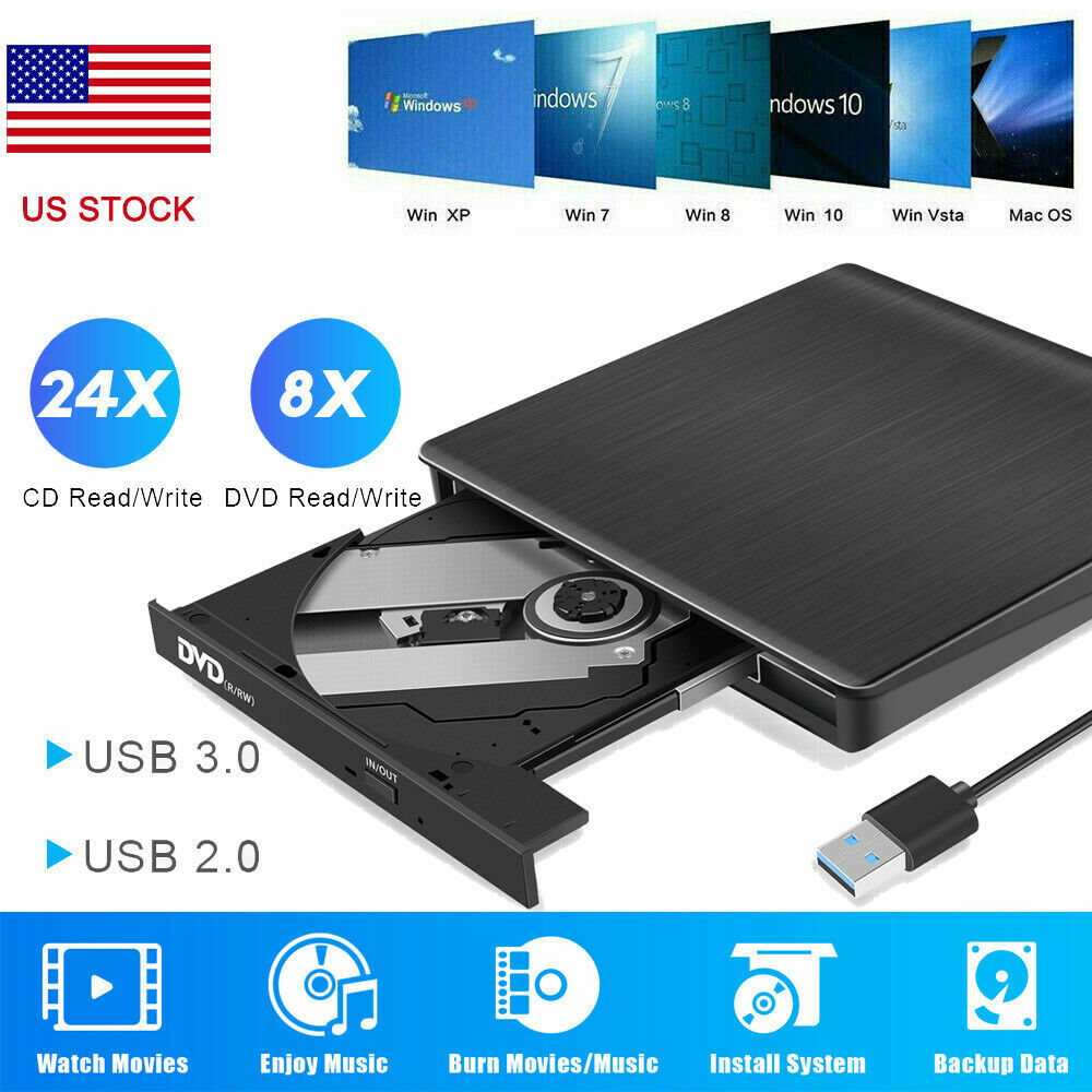 Slim External CD/DVD Drive USB 3.0/2.0 Player Burner Writer for Laptop PC Mac