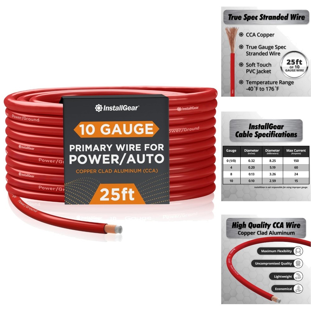 10 Gauge 25ft Power Ground Wire CCA 10 AWG Cable for Car Audio Amp Trailer Red