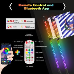 3-4FT RGB LED Whip Lights Spiral Antenna W/Flag & Remote APP For UTV ATV RZR