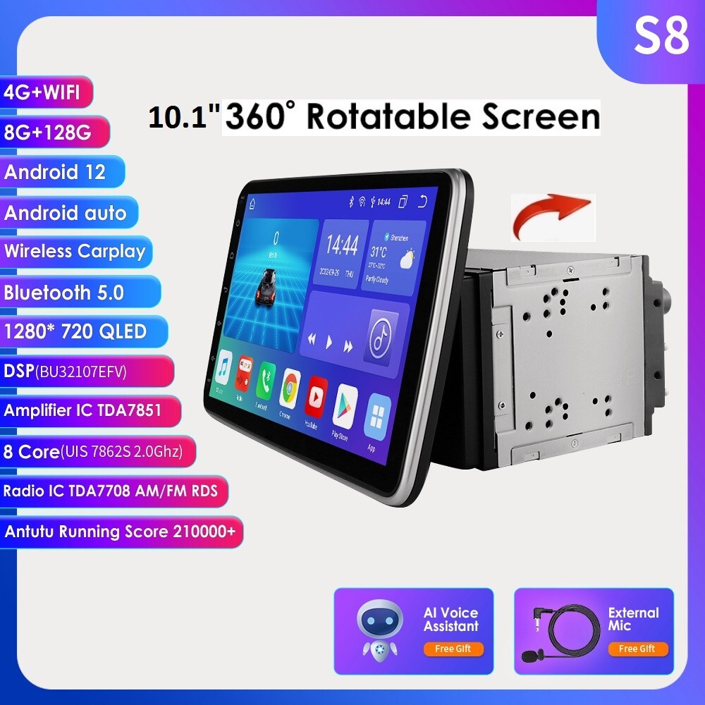 8+128GB Double 2 DIN 10.1″ Rotatable Car Stereo Radio DSP Android 12 GPS CarPlay
