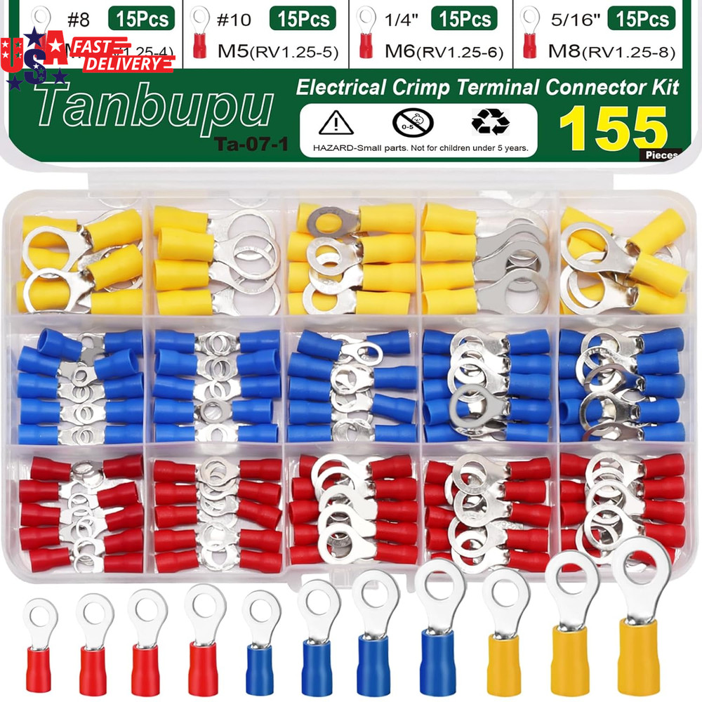 155Pcs Insulated Ring Terminals 11-Sizes(M4/M5/M6/M8/M10) 22-16/16-14/12-11AWG O