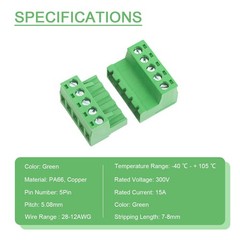 5 Pairs 5 Pin 5.08mm Pitch Screw Terminal Block Connector Phoenix Plug 12AWG