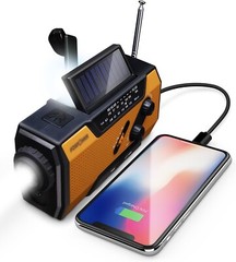 Emergency Weather Radio, AM/FM/NOAA, 7400mWh Power Bank, Solar & Hand Crank