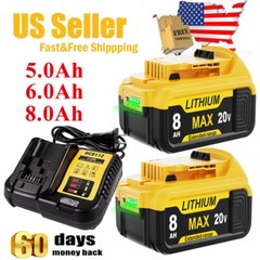 Combo 2-Pack 8.0Ah Replacement Battery & Charger Capacity for DEWALT 20V Tools