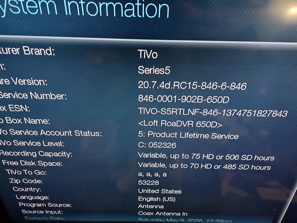 Tivo Roamio DVR Lifetime TCD846500 500GB OTA or Cable Tested 75 Hours 4 tuners