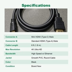 6FT Mini HDMI to Standard HDMI 4K Cable for Camera DSLR Camcorder Tablet to TV
