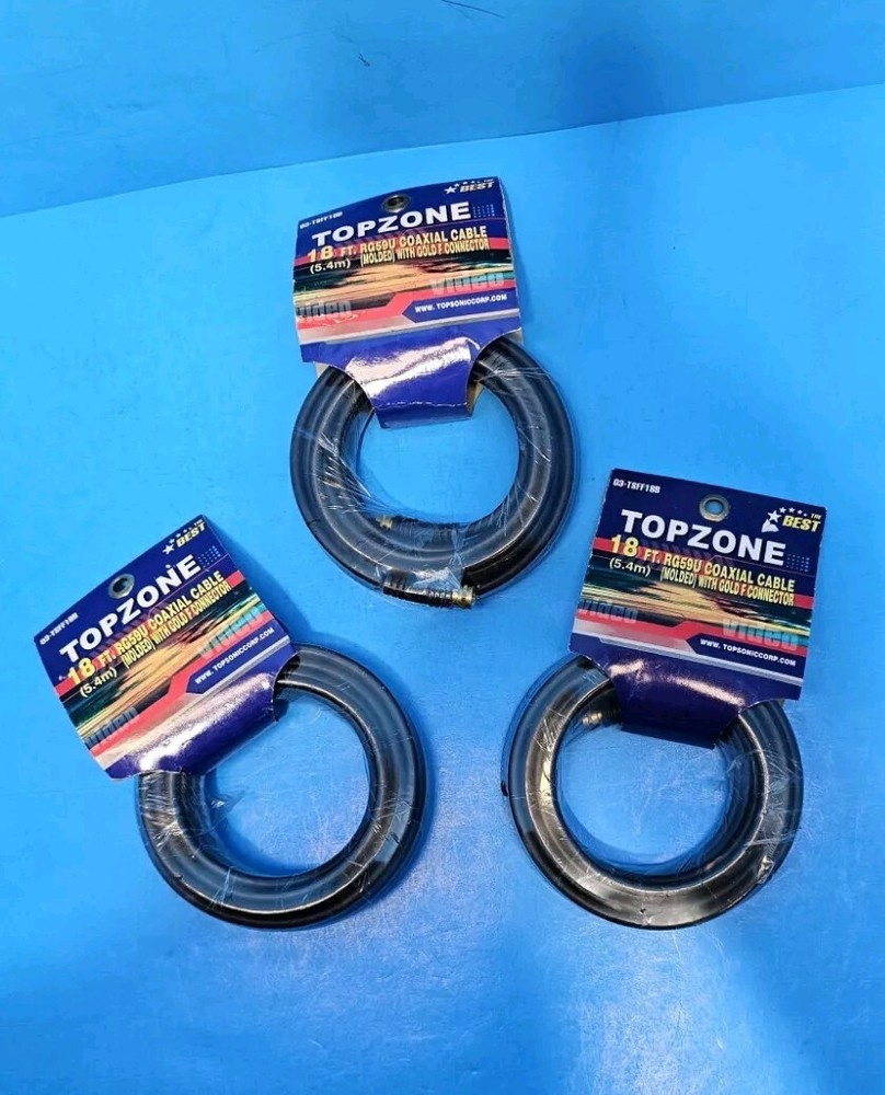 Lot of 3 TOPZONE 18 FT Coaxial Cable w/ Gold Plated F-Connectors RG59U *NEW*
