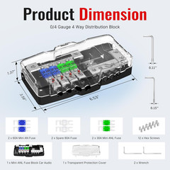 4-Way Fused Power Distribution Block Car Audio 12V 0/4 Gauge with Ground for Aut