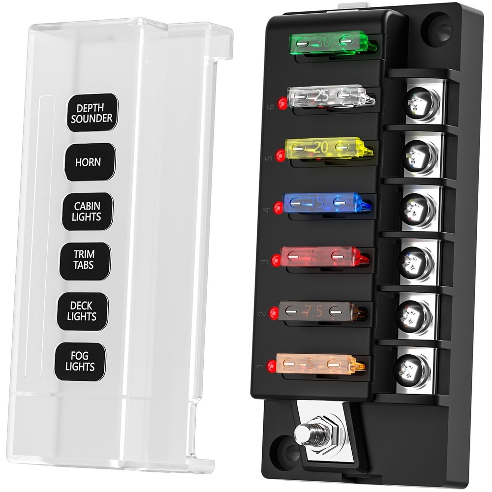 12V/24V 6-Circuit Waterproof Marine Fuse Box with LED Indicator, ATO Blade Fu…