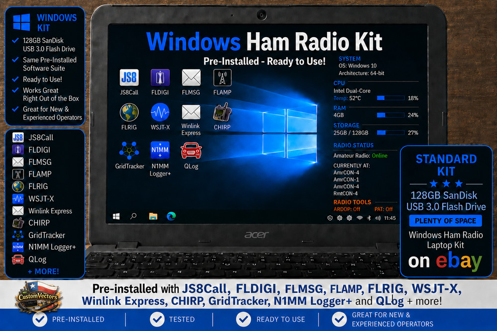 Windows Ham Radio Laptop Kit 128GB Digital Modes JS8Call FLDIGI WSJT-X Winlink