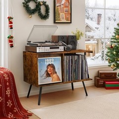 Rustic Flip Top Record Player Stand, 150+ Album Storage, Mid Century Turntabl…