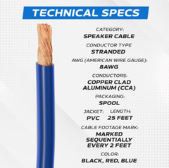 25FT Translucent Speaker Cable/Primary Power/Auto Enhanced Wire 8AWG CCA Blue
