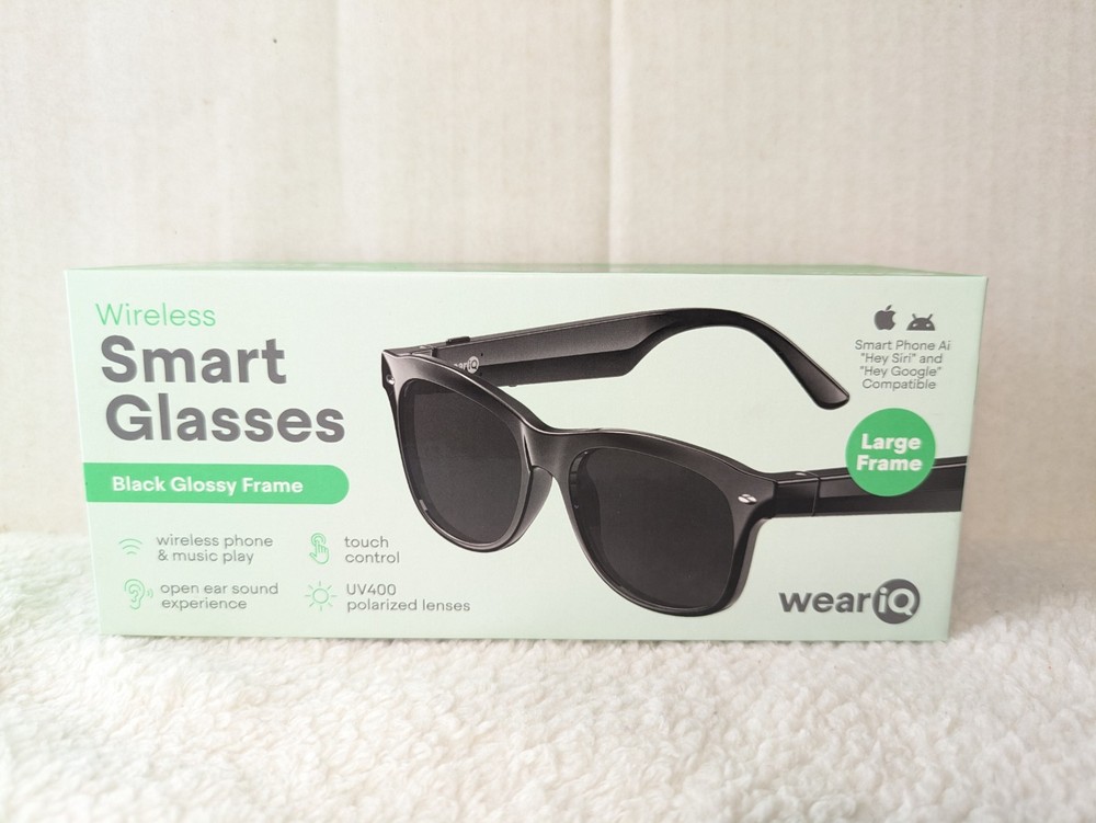 New WeariQ Wireless Smart Glasses Bluetooth, Black Polarized Lenses, Large Frame