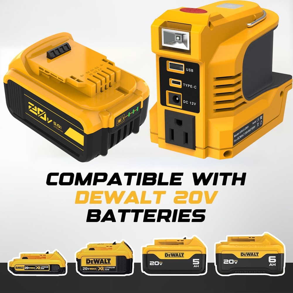 Battery/220W Power Inverter For DeWalt 20V Max 5.0AH DCB205 DC20V to 110V USB-C
