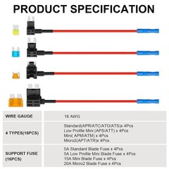 16 Pack 4 Types Fuse Tap, Upgraded 12V Car Add a Circuit Tap Kit Upgraded NEW***