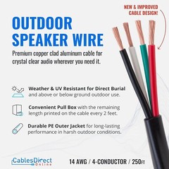16AWG Speaker Cable 250ft Outdoor Direct Burial UV 16/4 Gauge Bulk Audio Wire