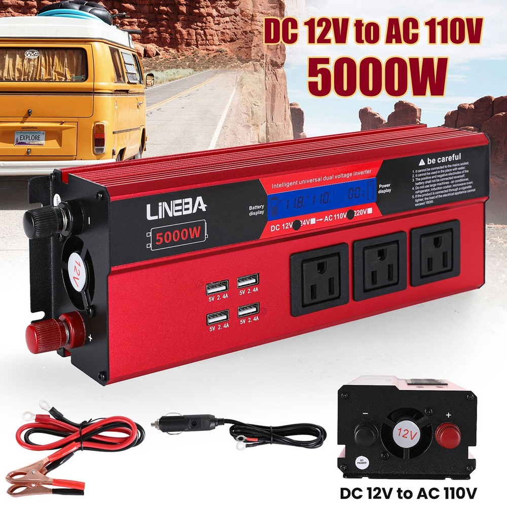 Car Power Inverter 5000W DC 12V To AC 110V Pure Sine Wave Solar Converter 4 USB