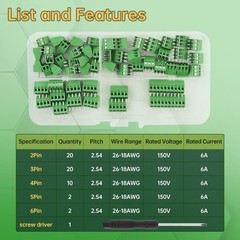 54 Pcs 2.54mm Pitch PCB Mount Screw Terminal Block Connector, 2P 3P 4P 5P 10P…