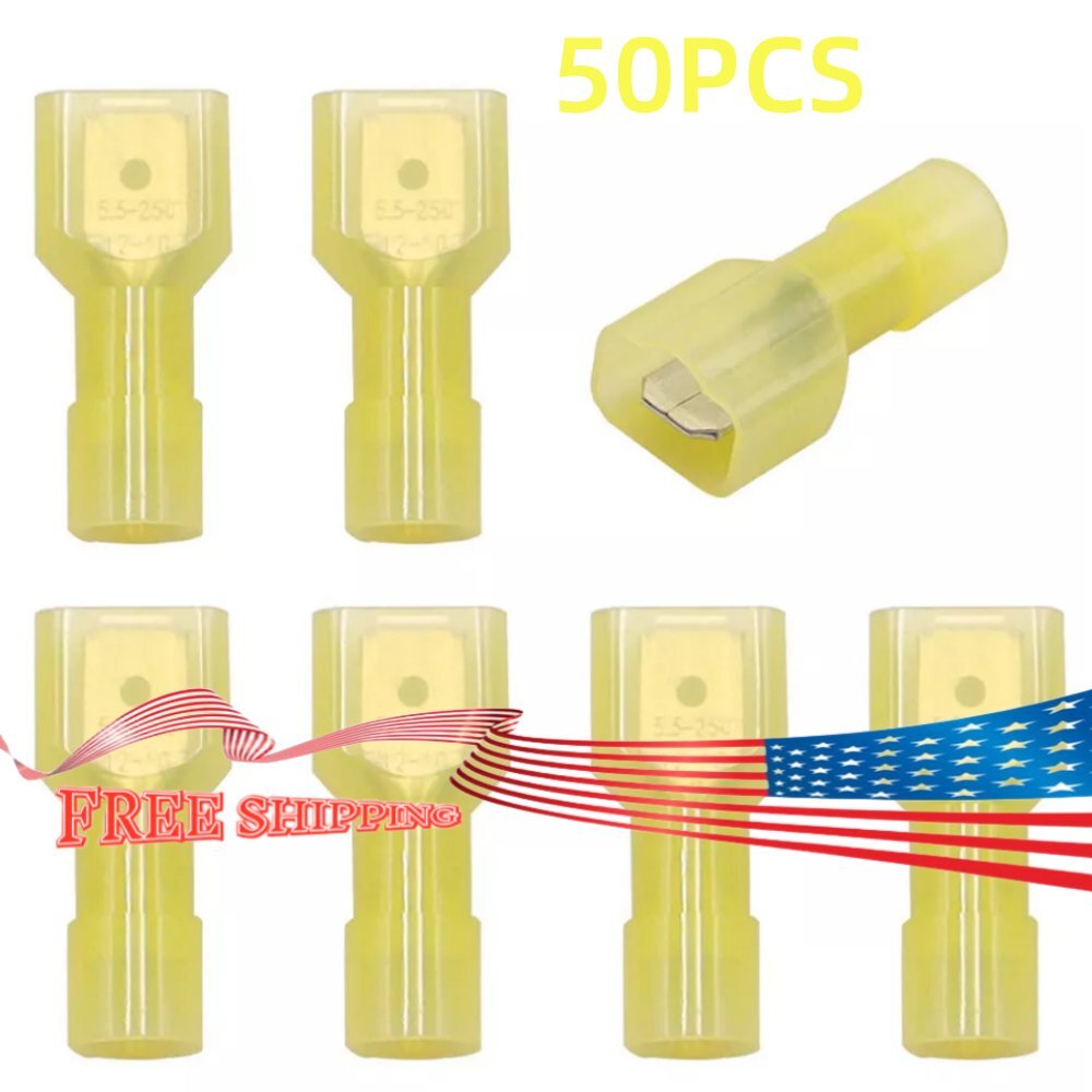 50PCS 12-10 AWG Yellow Fully-insulated Male Wire Spade Crimp Terminal Connectors