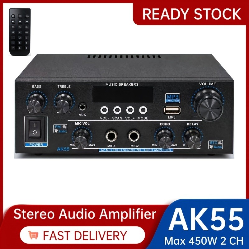 AK55 Stereo Audio Amplifier Max 450W Home 2 Channel with 2 Mic FM Radio USB AUX