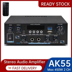 AK55 Stereo Audio Amplifier Max 450W Home 2 Channel with 2 Mic FM Radio USB AUX