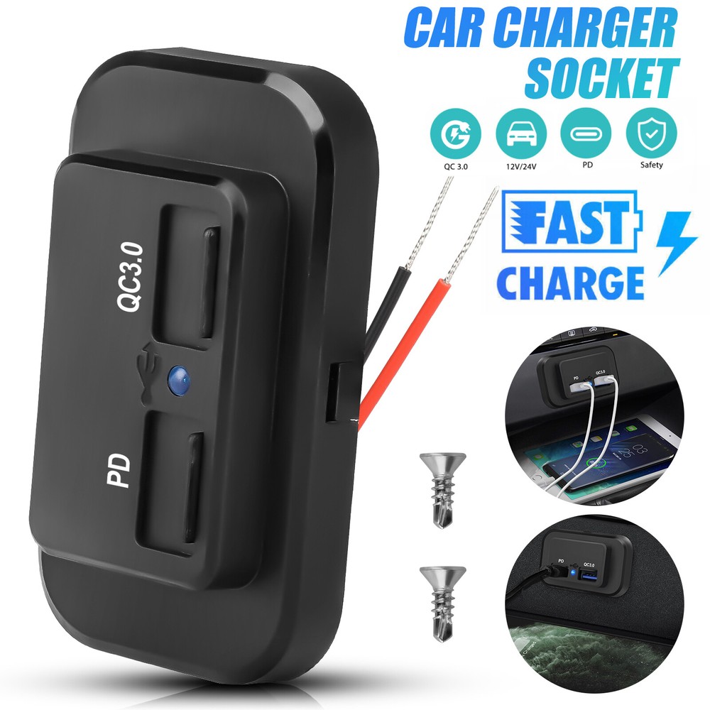 QC3.0+PD 12V/24V LED USB Car Fast Charger Socket Power Outlet Waterproof Boat RV