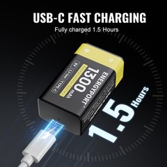 2 Pcs 9 Volt Lithium Ion Rechargeable Batteries 1300mAh with USB-C Type Cable