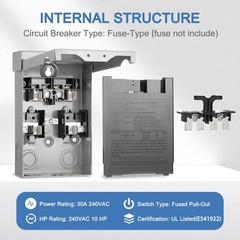 30 Amp Fused AC Disconnect Box, 120/240VAC Pull-Out Switch NEMA 3R Outdoor Me…