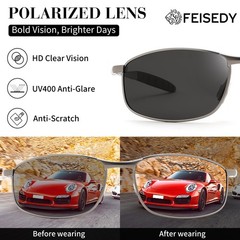 FEISEDY Trendy Polarized Sunglasses For Men Rectangle 58mm, Gun Ash/Grey