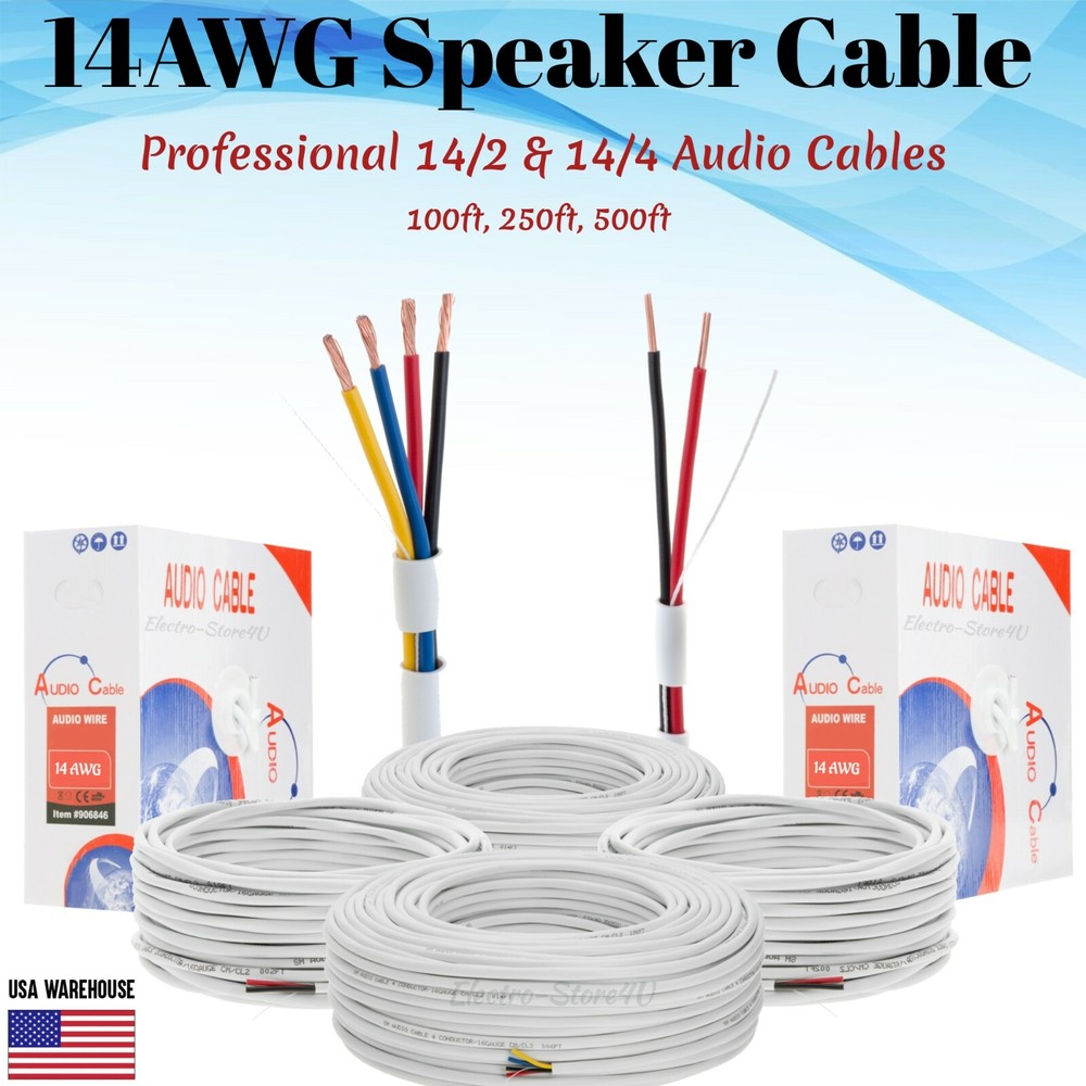 In Wall Audio Speaker Wire 14/2 14/4 14AWG Conductor Cable 100ft 250ft 500ft Lot