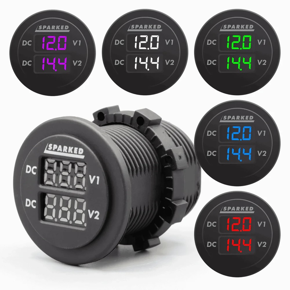 Sparked Innovations Dual Battery Voltmeter Monitor 12VDC Main and AUX Battery