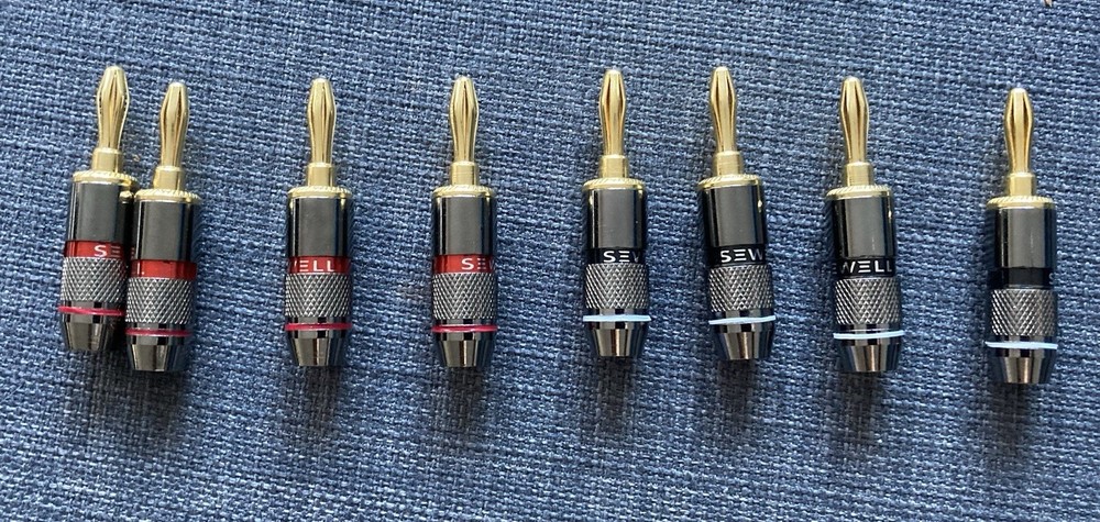 4 PAIRS 24K GOLD PLATED SCREW LOCK BANANA PLUG AUDIO SOLDERLESS 8 TOTAL