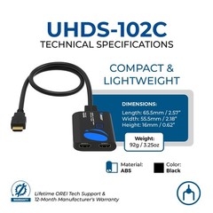 OREI 4K 1 in 2 Out HDMI Splitter 4:4:4 8-bit – HDMI 2.0, HDCP 2.2, 18 Gbps, 4K