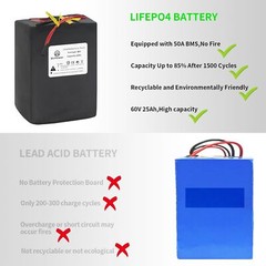 60V Battery 25Ah Lithium Iron Phosphate Lifepo4 Battery Pack 1500W EBike 50A BMS