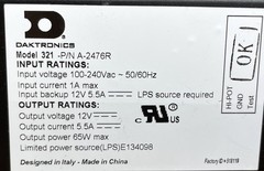 Daktronics Model 321 -P/N A-2476R Power supply 65W max, AA25980L, (LPS)E134098
