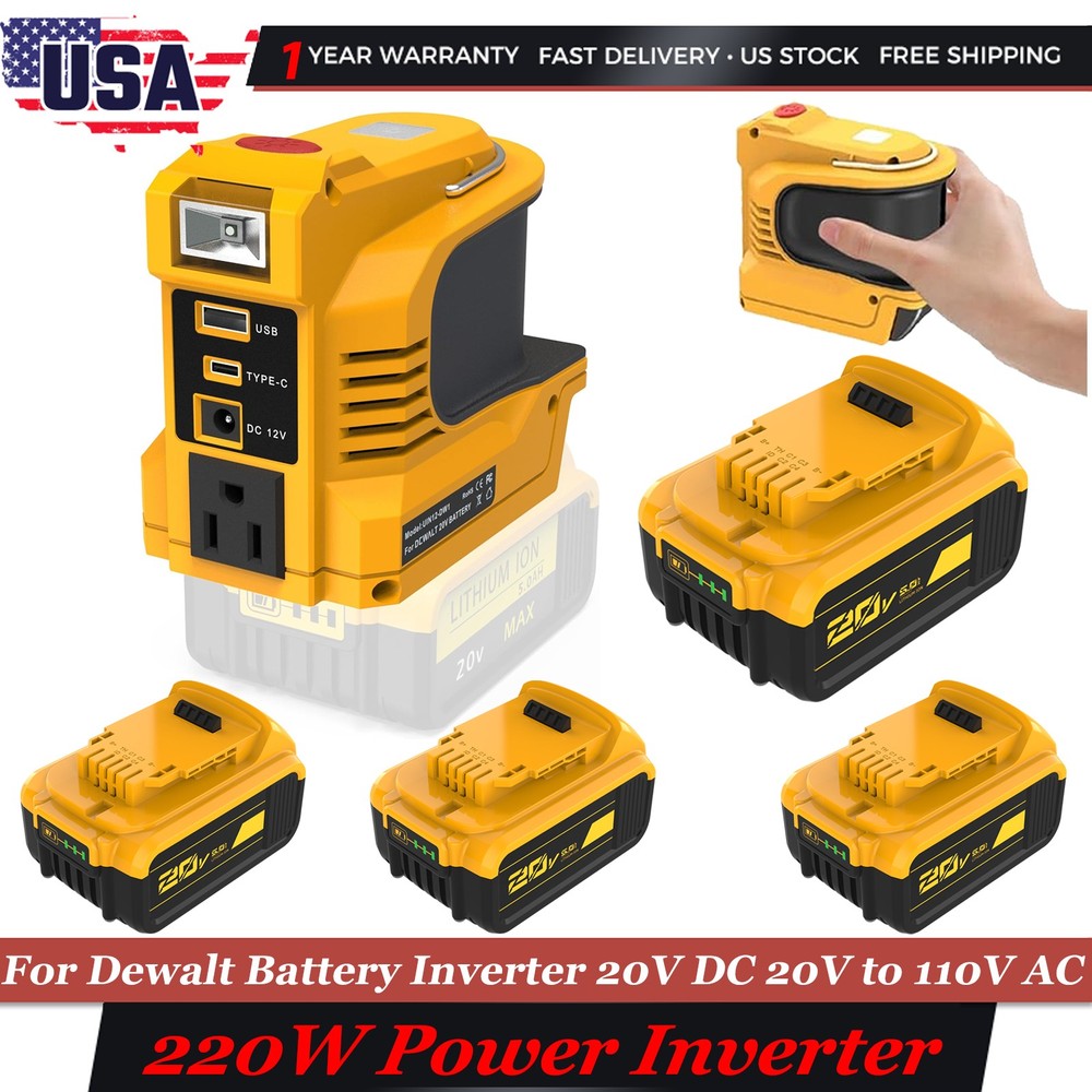For DeWalt 20V Max DCB205 5.0AH Lithium Battery&Power Inverter 220W 110V AC LED