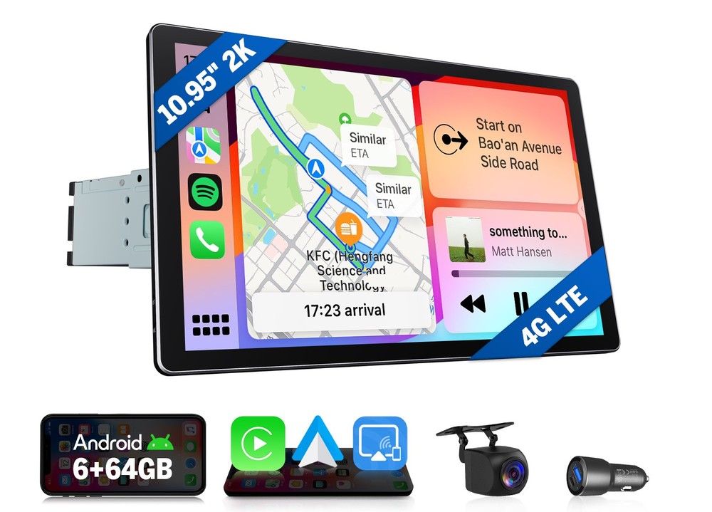10.95″ Android 13 GPS Head Unit Single DIN Wireless CarPlay WiFi6 DSP Multimedia