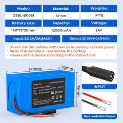 24V 12000Mah Rechargeable Lithium Ion Battery Pack with 29.4V Charger & Bare Lea
