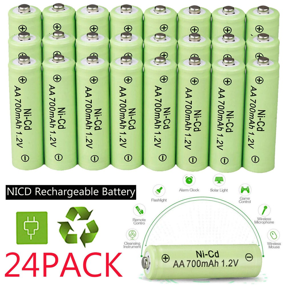 24 AA Rechargeable Batteries NiCd 700mAh 1.2v Garden Solar Ni-Cd Light LED USA