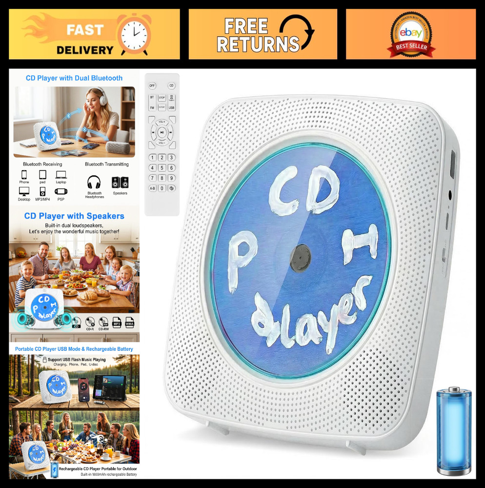 Portable Bluetooth CD Player with 1800mAh Battery, Wall Mountable, FM Radio, Spe