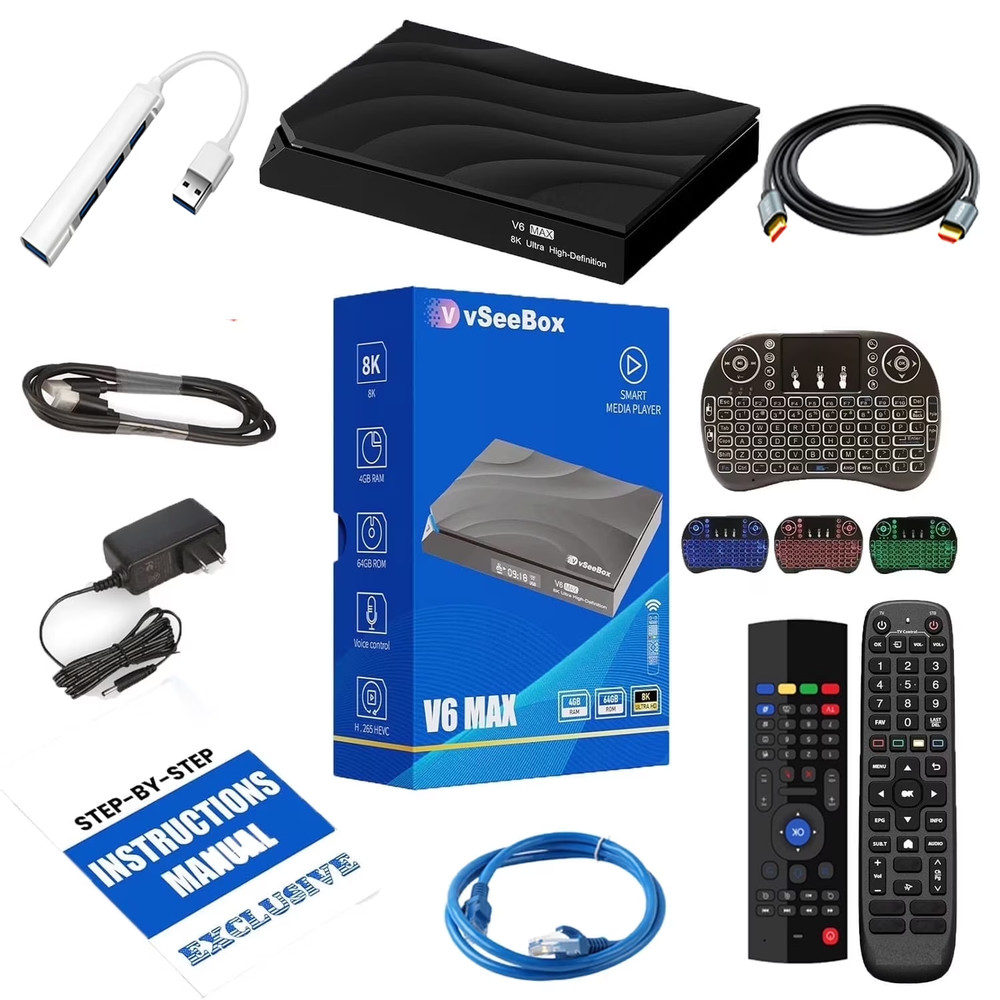 Vseebox V6 Max 2026 Kit with HDMI Cable, Remote, Setup Guide & Power Adapter