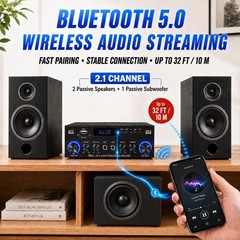 Bluetooth 5.0 Stereo Amplifier, 2.1 Channel 400W Home Audio Stereo Receiver for