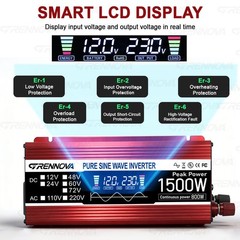 Grennova 1500W PSW Inverter DC 12V/24V/48V/60V/72V Input to AC 110V/220V Output